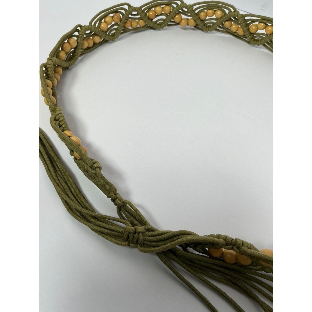 Vintage Boho‎ Macrame Belt Olive Green Cord Wooden Beads Tassel Tie Waist Belt - Picture 4 of 4